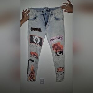 Graphic Print Jeans with Artistic Patches